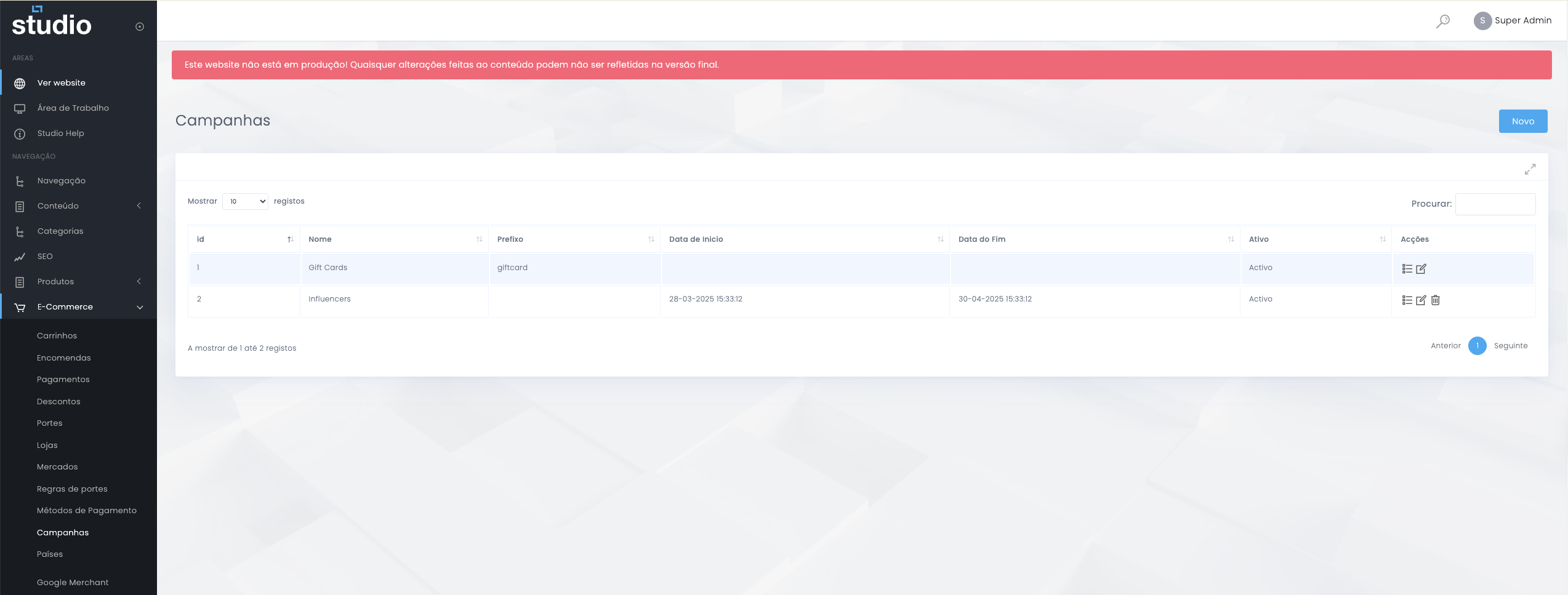 Listagem de campanhas no E-commerce do Studio CMS